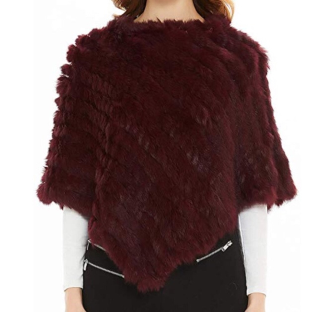 NWT Burgundy rabbit fur poncho/cape.